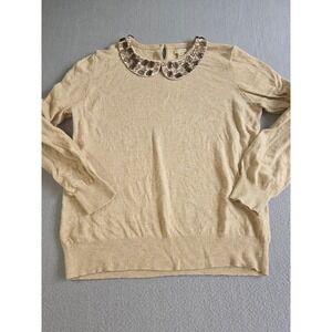 J.Crew Sweater Women M Tan Embellished Crystal Peter Pan Collar‎ Merino Wool